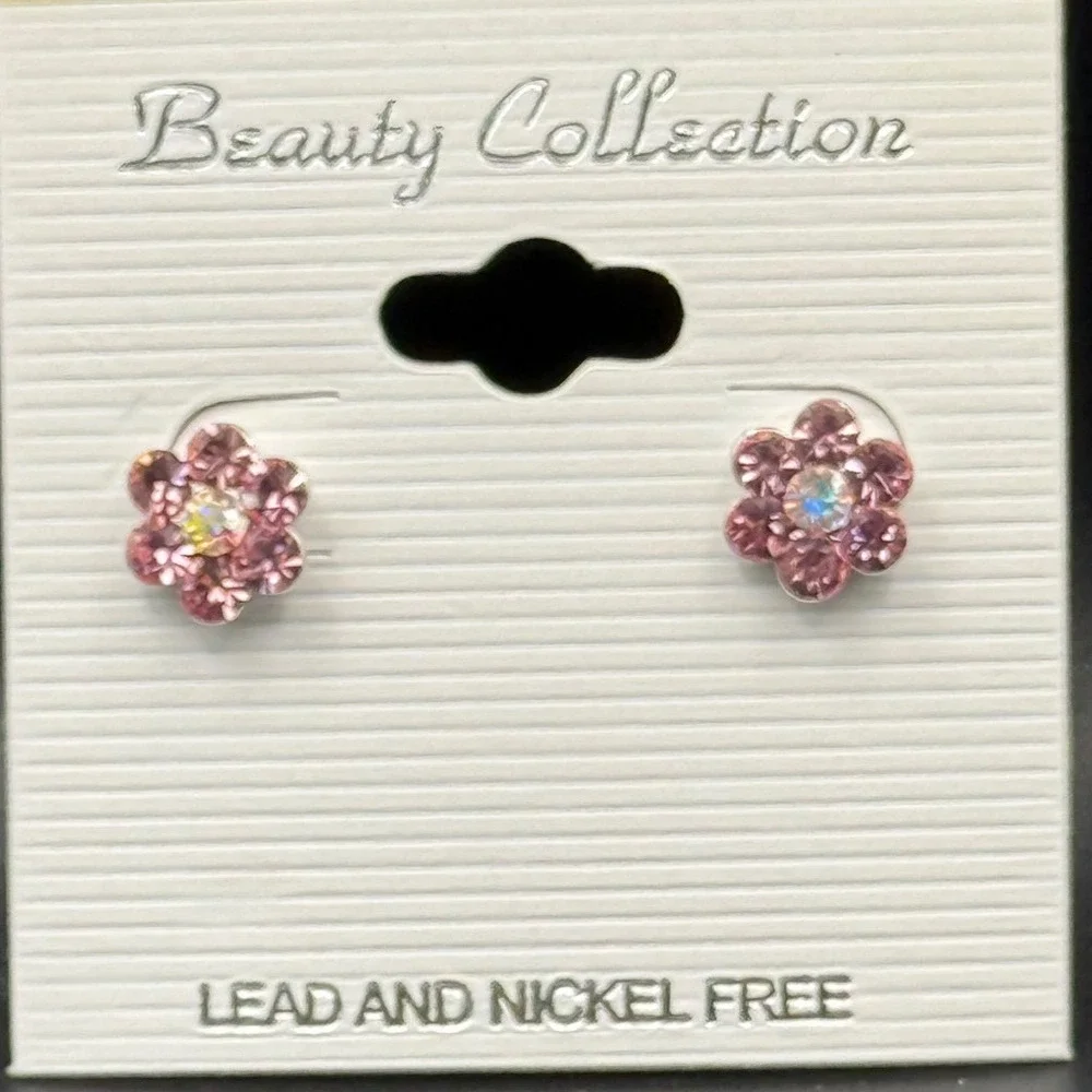 Beauty Collection Kids Pink Rhinestone Flower Stud Earrings Lead Nickel Free